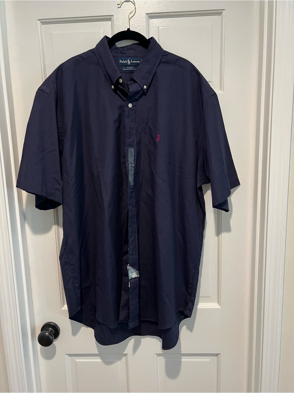 Ralph Lauren Navy Short-Sleeve Button-Down Shirt with Pink Pony